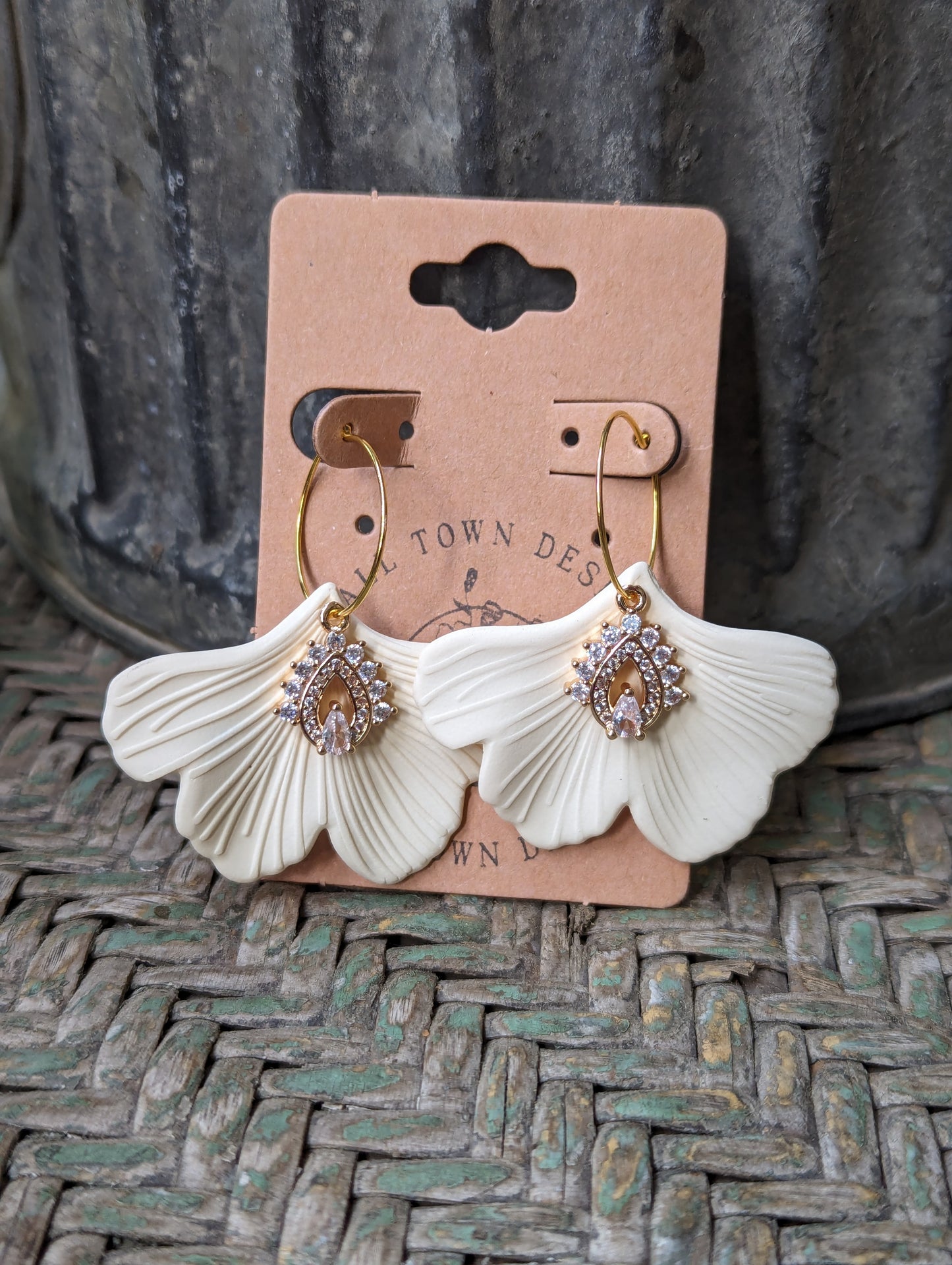 Rhinestone Cream Gingko Hoops