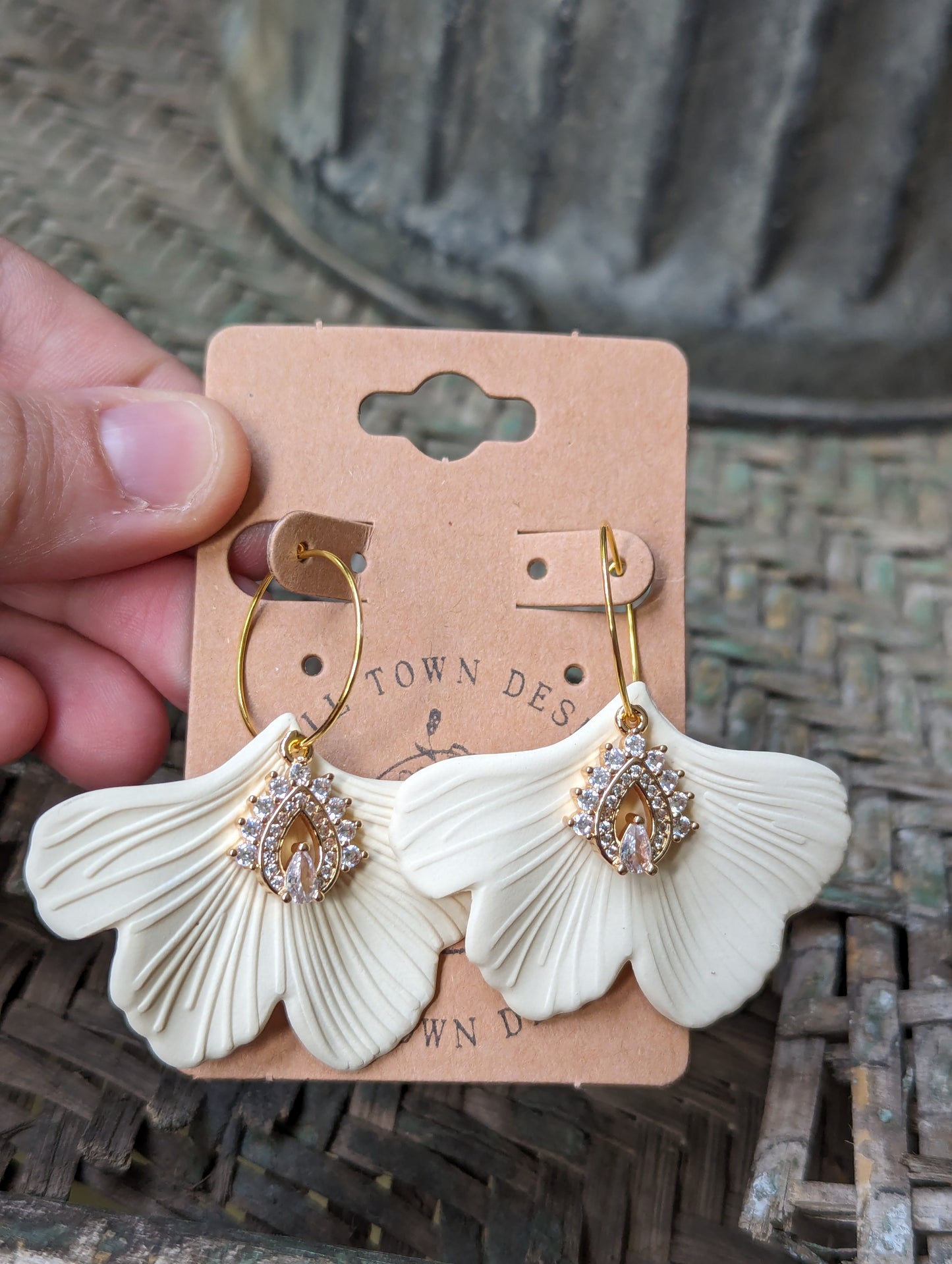 Rhinestone Cream Gingko Hoops