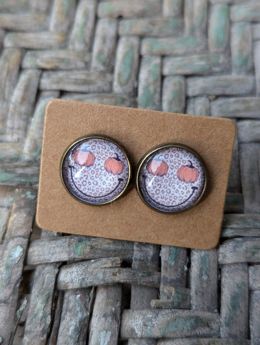 Leopard Pumpkin Smiley Face Studs