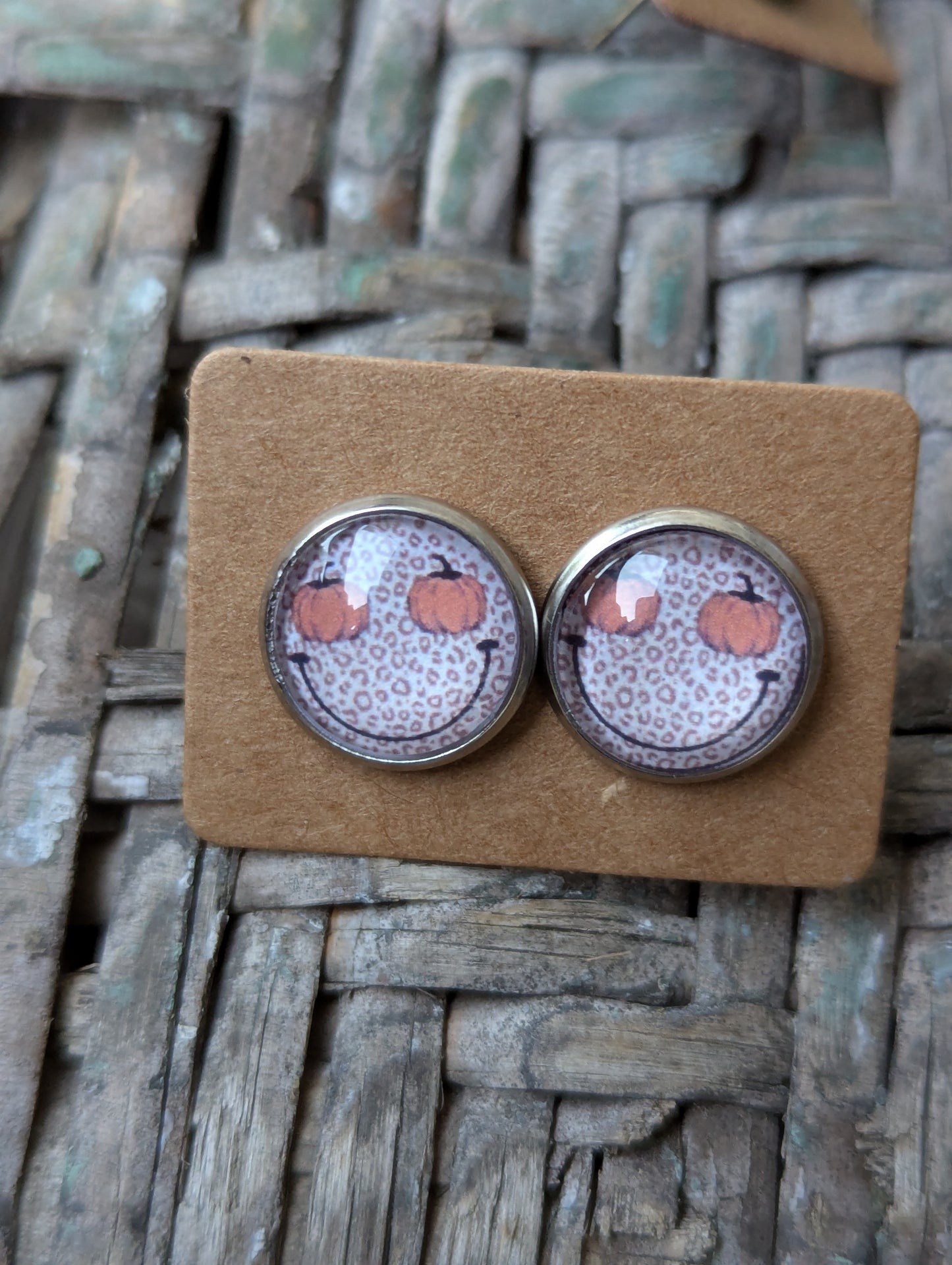 Leopard Pumpkin Smiley Face Studs