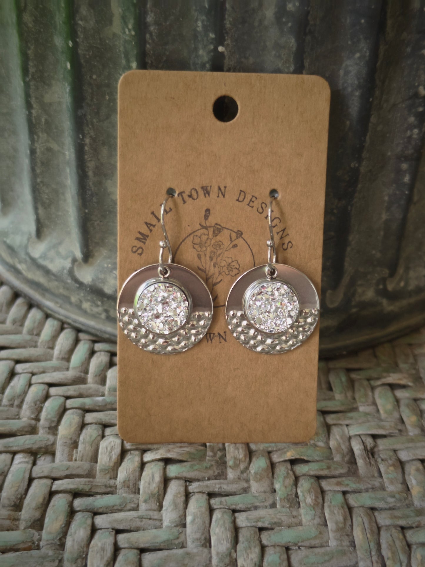 Silver Druzy Hammered Circles