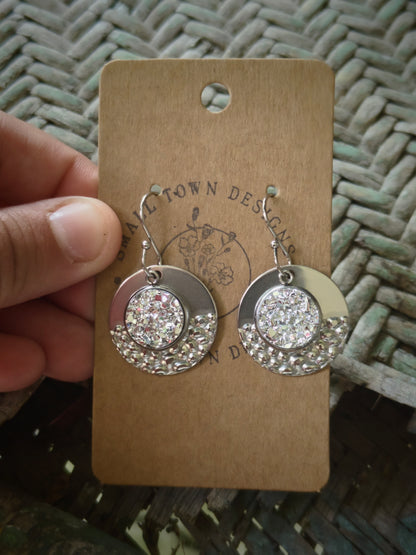 Silver Druzy Hammered Circles