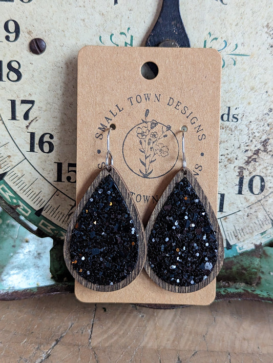 Black Glitter Wooden Teardrops